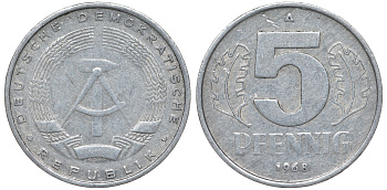 ГДР 5 ПФЕННИГОВ 1968 A KM 9.1 алюминий 62-217