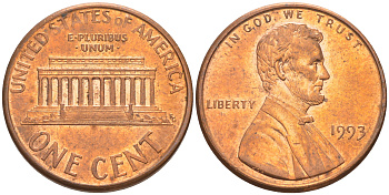 США 1 цент 1993 Авраам Линкольн KM 201b цинк плакированный медью UNC 188-245