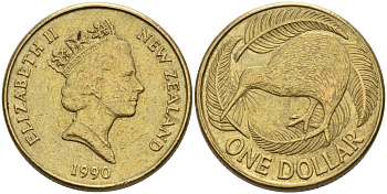 Новая Зеландия 1 доллар 1990 Елизавета II (1952-2022), птица киви KM 78 алюминиевая бронза 24-813