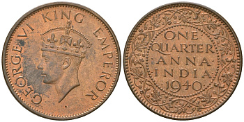 Британская Индия 1/4 анны 1940 . (Точка) - бомбей, Георг VI (1936-1952) KM 530 бронза aUNC 108-1114