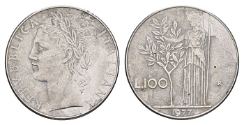 Италия 100 лир 1977 R, Афина в доспехах KM 96.1 нержавеющая сталь 4556-253