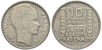 Франция 10 франков 1933 Пьер Тюрен KM 878, Le Franc 360.6 серебро 189-716