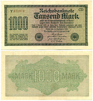 ГЕРМАНИЯ 1000 МАРОК 1922 15 СЕНТЯБРЯ 1922, ВОДЯНОЙ ЗНАК F, БЕЛАЯ БУМАГА Pick 76с бумага 7146-7-1-2