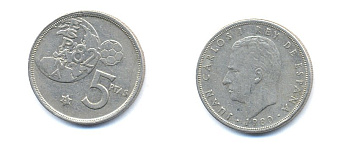 Испания 5 песет 1981 чемпионат мира по футболу 1982 KM 817 медно-никель 54-1833