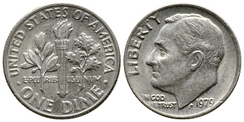 США 10 ЦЕНТОВ = 1 ДАЙМ 1979 РУЗВЕЛЬТ KM 195а медь плакированная медно-никелем 73-1768