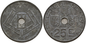 Бельгия 25 сантимов 1946 Belgique - Belgie, Леопольд III (1934-1947), германская оккупация, Вторая мировая война KM 131 цинк 4157-515