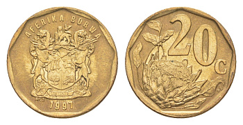 ЮАР 20 центов 1997 герб, цветок протея KM 162 сталь плакированная бронзой 4618-558