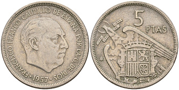 Испания 5 песет 1957 (67) Франсиско Франко (1939-1975) KM 786 медно-никель 4155-546