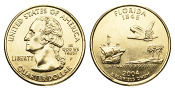 США 1/4 доллара (25 центов) 2004 Квотер штата Флорида KM 356 медь плакированная золотом UNC 11-117-57