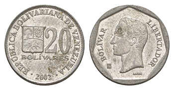 Венесуэла 20 боливаров 2002 Симон Боливар Y 81a цинк алюминий 4580-952