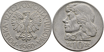 ПОЛЬША 10 ЗЛОТЫХ 1960 ТАДЕУШ КОСТЮШКО KM 50 медно-никель 441-444