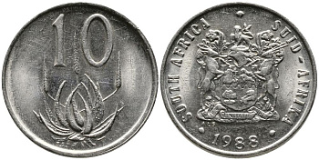 ЮАР 10 ЦЕНТОВ 1988 ЦВЕТОК АЛОЭ KM 85 никель 3336-1233