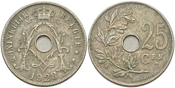 БЕЛЬГИЯ 25 САНТИМОВ 1928 BELGIE, АЛЬБЕРТ I (1909-1934) KM 69 медно-никель 119-346