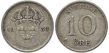 Швеция 10 эре 1938 G, Густав V (1907-1950) KM 780 серебро 4179-626