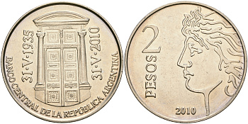 Аргентина 2 песо 2010 75 лет Центральному Банку KM 162 медно-никель UNC 4607-631