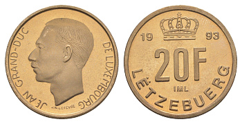 Люксембург 20 франков 1993 Великий герцог Жан (1964-2000), тираж 9.500 экземпляров KM 67 алюминиевая бронза BU 4178-732