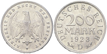Германия 200 марок 1923 D KM 35 алюминий aUNC 31-1021