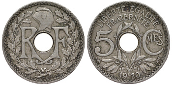 Франция 5 сантимов 1920 KM 865 медно-никель 4164-263