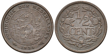 Нидерланды 1/2 цента 1934 Вильгельмина (1890-1948) KM 138 бронза 4576-418