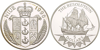 Ниуэ 5 долларов 1996 парусник Резолюшен, один их кораблей Джеймса Кука KM 114 серебро PROOF 1081-7-33