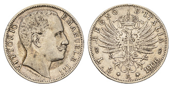 Италия 2 лиры 1906 R, Виктор Эммануил III (1900-1946) KM 33 серебро 413-2125