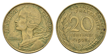 Франция 20 сантимов 1968 тип Marianne KM 930 медь алюминий никель 4681-656