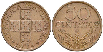 ПОРТУГАЛИЯ 50 СЕНТАВО 1974 KM 596 бронза 213-233
