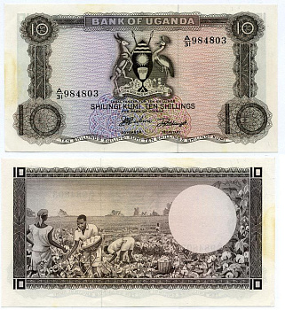 УГАНДА 10 ШИЛЛИНГОВ 1966 Pick 2а бумага аUNC 8588-27-3-2