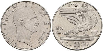 ИТАЛИЯ 50 ЧЕНТЕЗИМО 1941 R, ГОД XIX, ВИКТОР ЭММАНУИЛ III (1900-1946) KM 76b, VEM3. 1063 нержавеющая сталь 3853-334