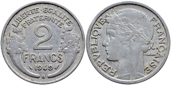 Франция 2 франка 1949 В, тип Morlon KM 886а.2, Le Franc 269.15 алюминий 4397-753