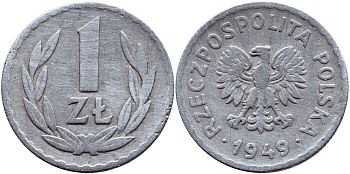 ПОЛЬША 1 ЗЛОТЫЙ 1949 KM 45а алюминий 4390-354