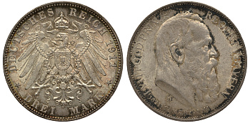 Бавария 3 марки 1911 D, 90 лет принц-регенту Баварии Луитпольду Weege 49, J. 49, KM 517 серебро 413-6435