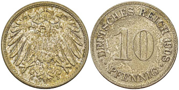 ГЕРМАНИЯ 10 ПФЕННИГОВ 1908 D KM 12, J. 13, Weege 8 медно-никель 212-124