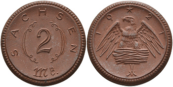 Саксония 2 марки 1921 J. N 56 фарфор 1094-1-61
