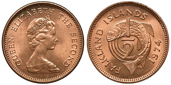 Фолклендские острова 1/2 пенни 1974 Елизавета II (1952-2022), лосось  KM 1 бронза UNC M54-08
