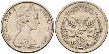 АВСТРАЛИЯ 5 ЦЕНТОВ 1970 ЕЛИЗАВЕТА II, МОЛОДОЙ ПОРТРЕТ, ЕХИДНА KM 64 медно-никель 4564-1153