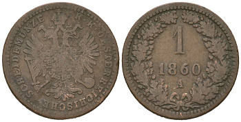 Австрия 1 крейцер 1860 A, Франц Иосиф I (1848-1916) KM 2186 медь 4615-553