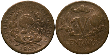 Колумбия 5 сентаво 1960 KM 206, Schon 27, Hernandez 382, Restrepo 370.23 медь 4576-1237