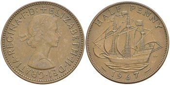 Великобритания 1/2 пенни 1967 Елизавета II (1952-2022) KM 896, Spink 4158 бронза 4544-211