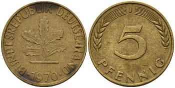 ФРГ 5 пфеннигов 1970 J J.382, KM 107 сталь плакированная латунью    4598-947