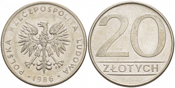 ПОЛЬША 20 ЗЛОТЫХ 1986 MW KM 153.1 медно-никель 77-716