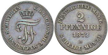 Мекленбург-Шверин 2 пфеннига 1872 В, Фридрих Франц II (1842-1883) KM 316 (С103), AKS 49, J.61 медь 206-265