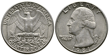 США 25 ЦЕНТОВ = КВОТЕР 1981 P, ВАШИНГТОН KM А164а медь плакированная медно-никелем 57-1034