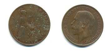 Великобритания 1 пенни 1920 Георг V (1910-1936) KM 810, Spink 4051 бронза 59-941