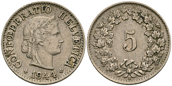 Швейцария 5 раппенов 1944 В KM 26 медно-никель 08-1361
