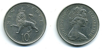 Великобритания 10 пенсов 1974 Елизавета II (1952-2022) KM 912, Spink 4231 (F1) медно-никель  4110-1343