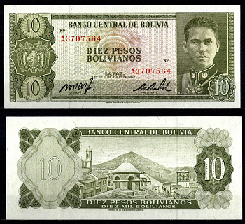 Боливия 10 песо 1962 Pick 154 a (17) бумага UNC (пресс) 6280-15-3-1