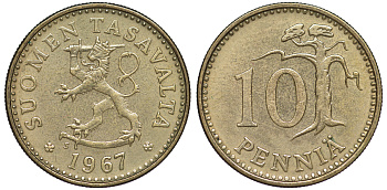 ФИНЛЯНДИЯ 10 ПЕННИ 1967 S KM 46 алюминиевая бронза 3334-1123
