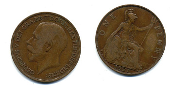 Великобритания 1 пенни 1921 Георг V (1910-1936) KM 810, Spink 4051 бронза 47-446