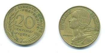 ФРАНЦИЯ 20 САНТИМОВ 1962 KM 930 медь алюминий никель 84-1433